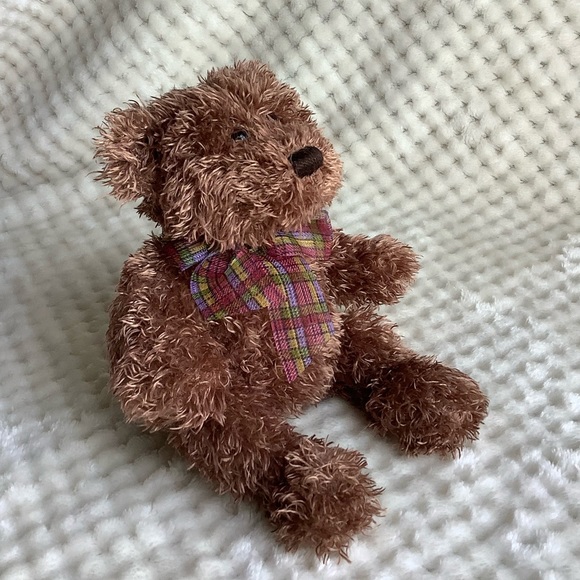 Cute Brown Plush Bear with Plaid Pink Purple Yellow Bow Stuffed Animal Toy - Picture 5 of 10